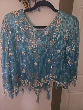 Turquoise Sequin Beaded Floral Tunic Top